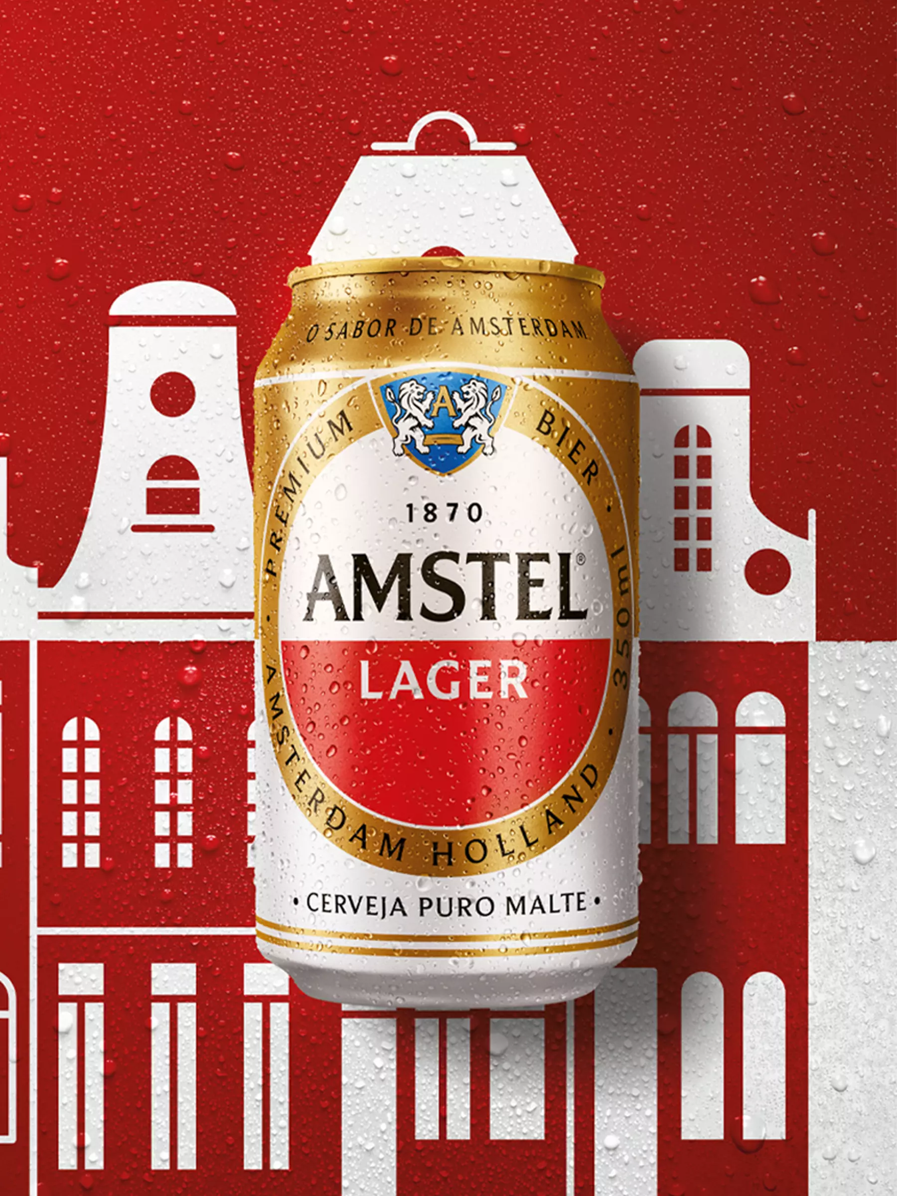 Cerveja Amstel com fundo desenhado dos prédios de Amesterdã