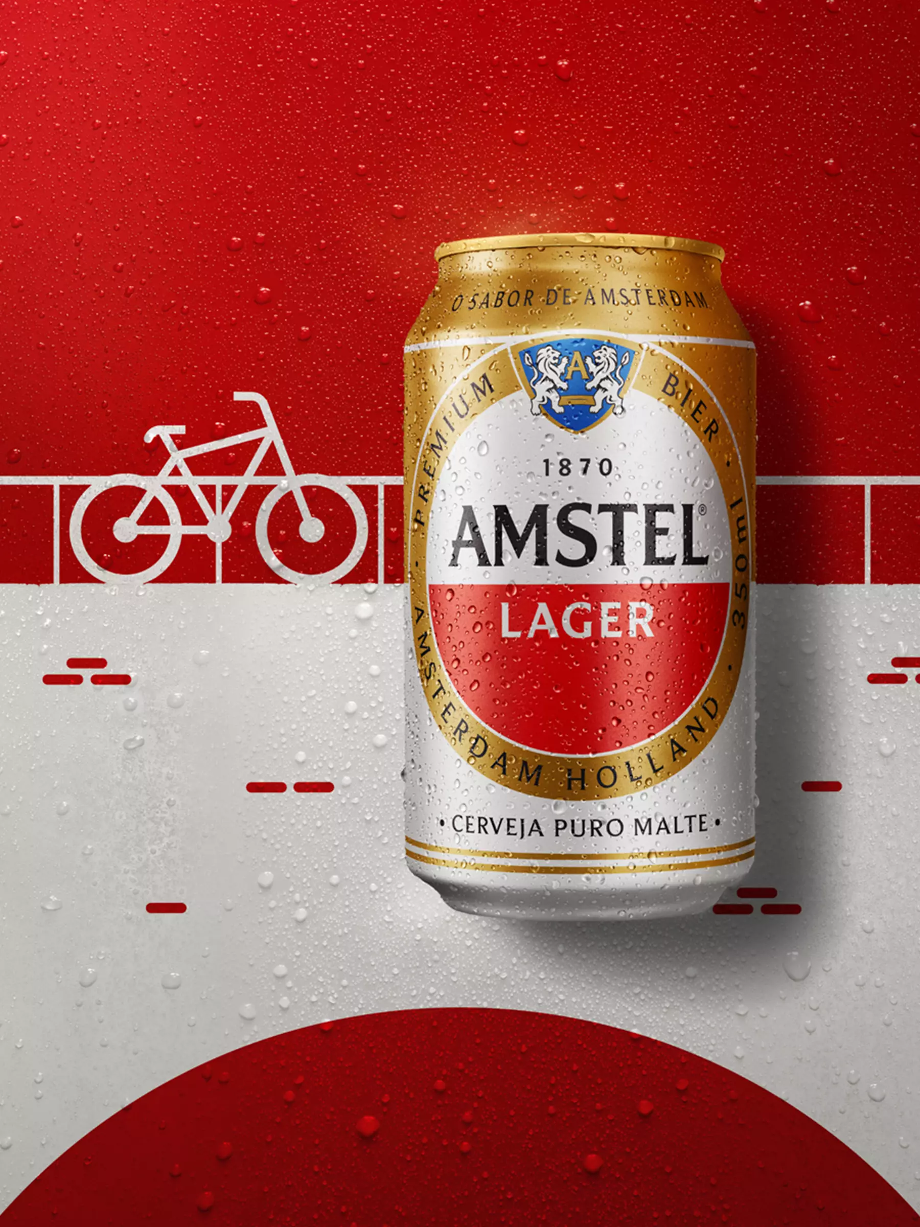 Cerveja Amstel com um fundo desenhado de uma ponte em amesterdã